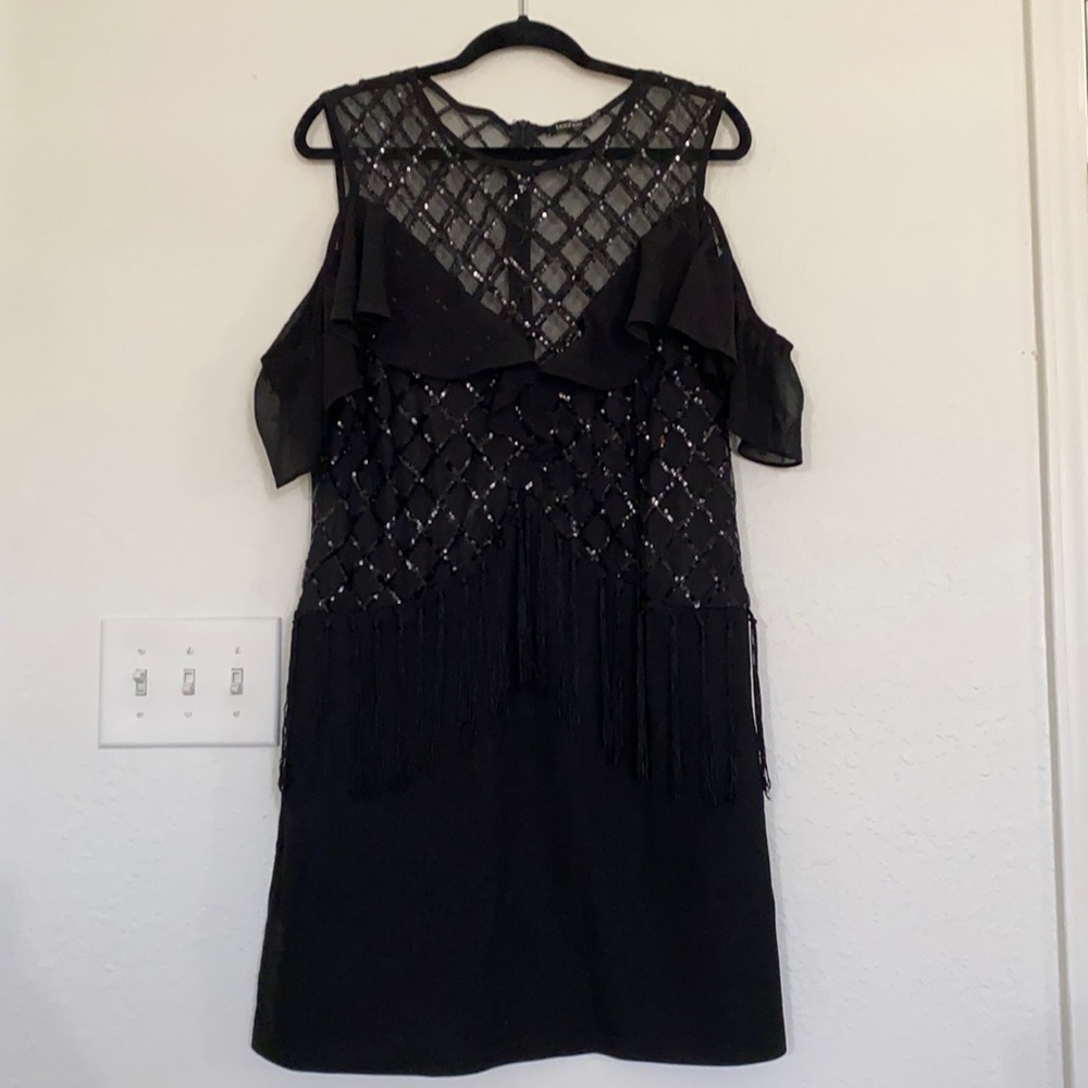 Black sequined off the shoulder fringe dress